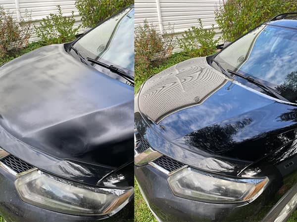 Car hood before and after exterior paint detailing