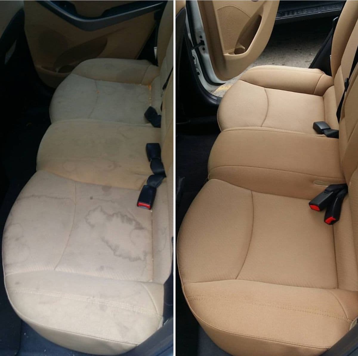 Rear car seats before and after interior detailing